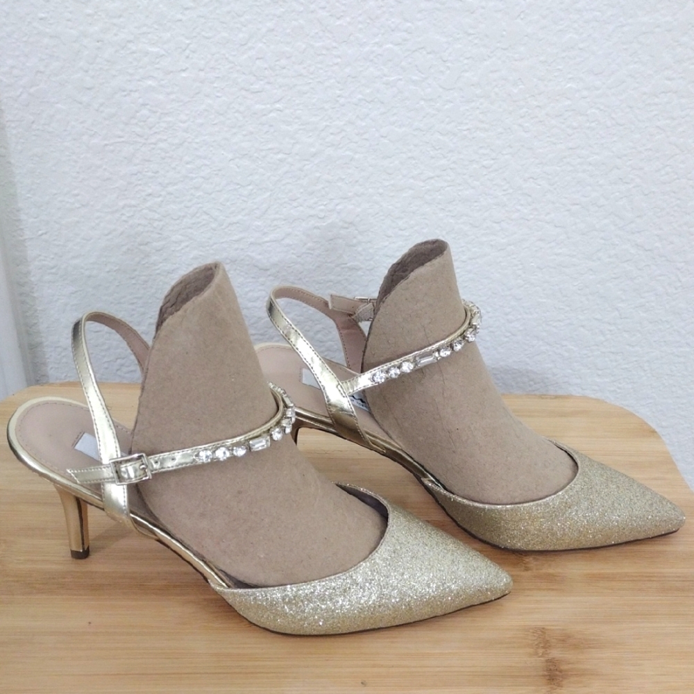 Nina Gold Ankle-Strap Heels with Rhinestone Embellishments. New, No Tag